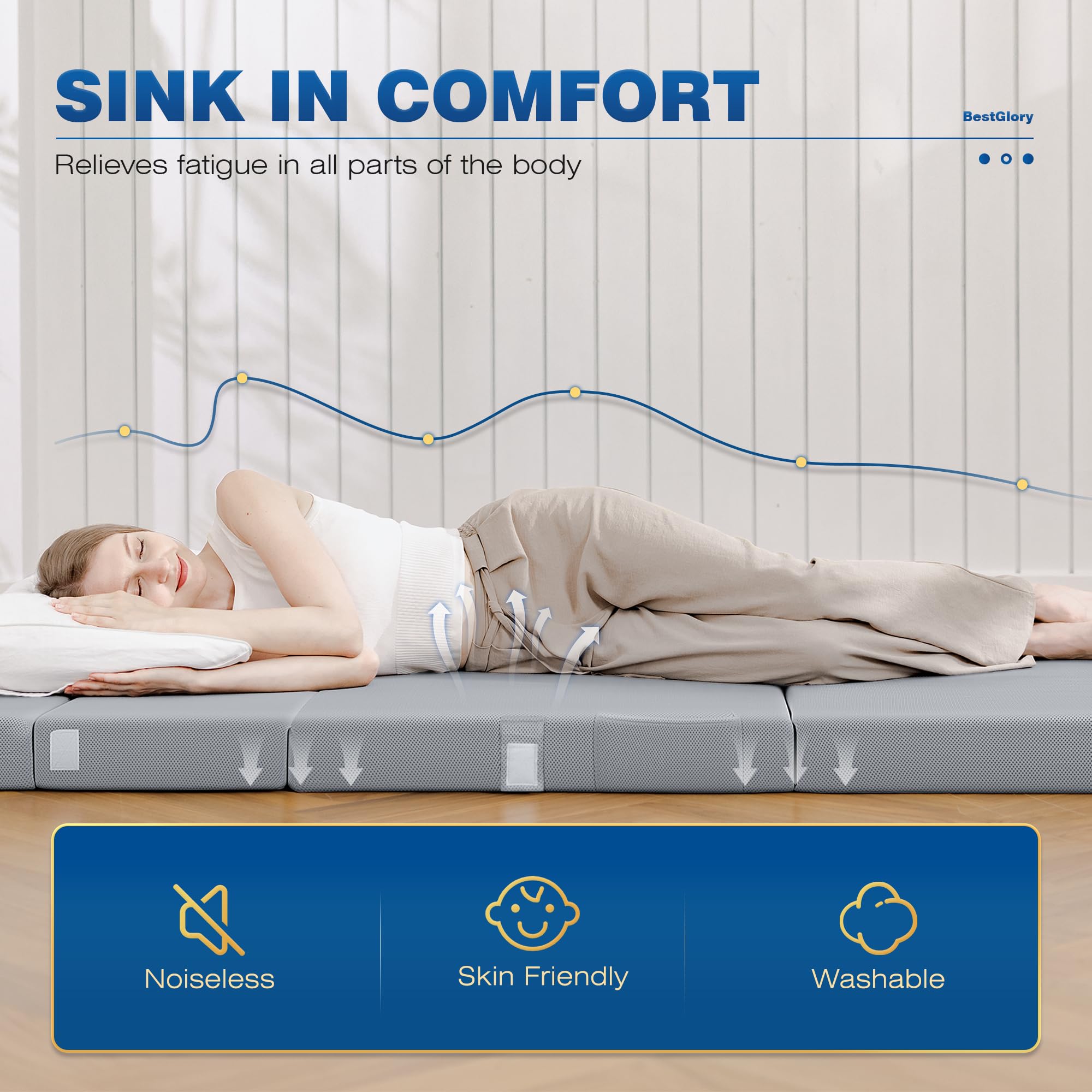 Bestglory Queen Foldable Mattress, 4 Inch Folding Mattress, Queen Mattress Topper, Soft, Dirt-Resistant, Portable Mattress For C